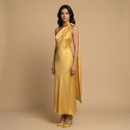 Vestido Largo Mujer Satinado Halter con Estola Integrada