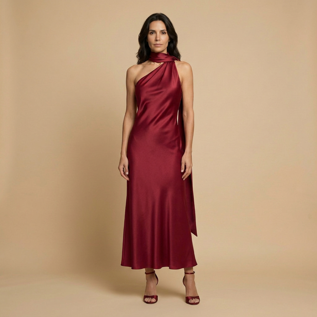 Vestido Largo Mujer Satinado Halter con Estola Integrada