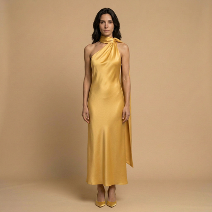 Vestido Largo Mujer Satinado Halter con Estola Integrada