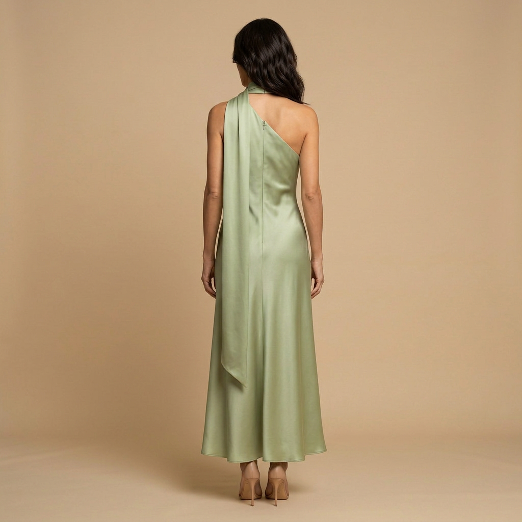 Vestido Largo Mujer Satinado Halter con Estola Integrada