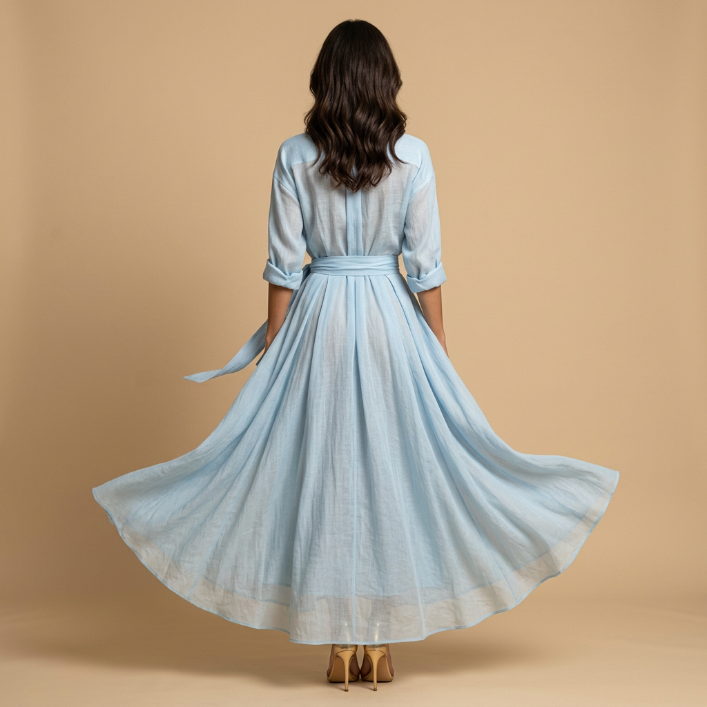 Vestido Largo Mujer de Organza Estilo Camisero con Cinturón de Lazo