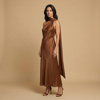 Vestido Largo Mujer Satinado Halter con Estola Integrada