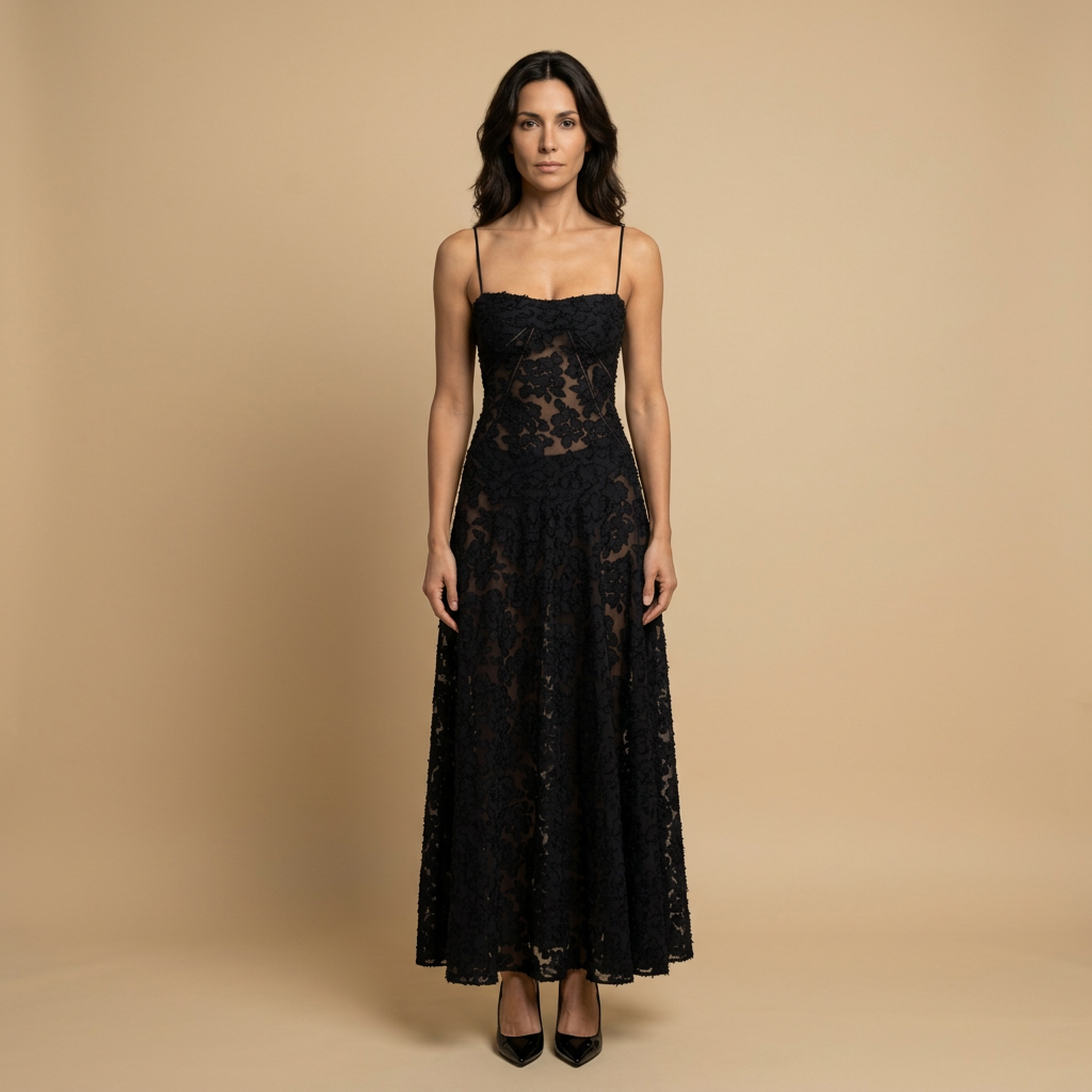 Vestido Largo Mujer de Tul con Apliques Florales y Tirantes - Mavetta
