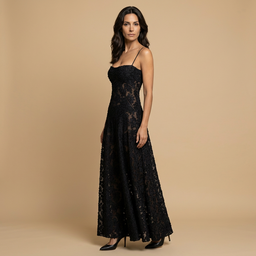 Vestido Largo Mujer de Tul con Apliques Florales y Tirantes