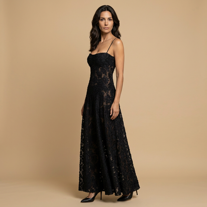 Vestido Largo Mujer de Tul con Apliques Florales y Tirantes
