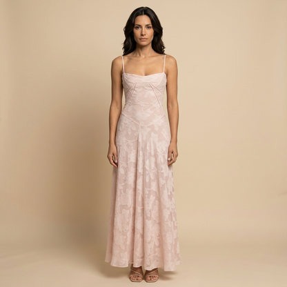 Vestido Largo Mujer de Tul con Apliques Florales y Tirantes