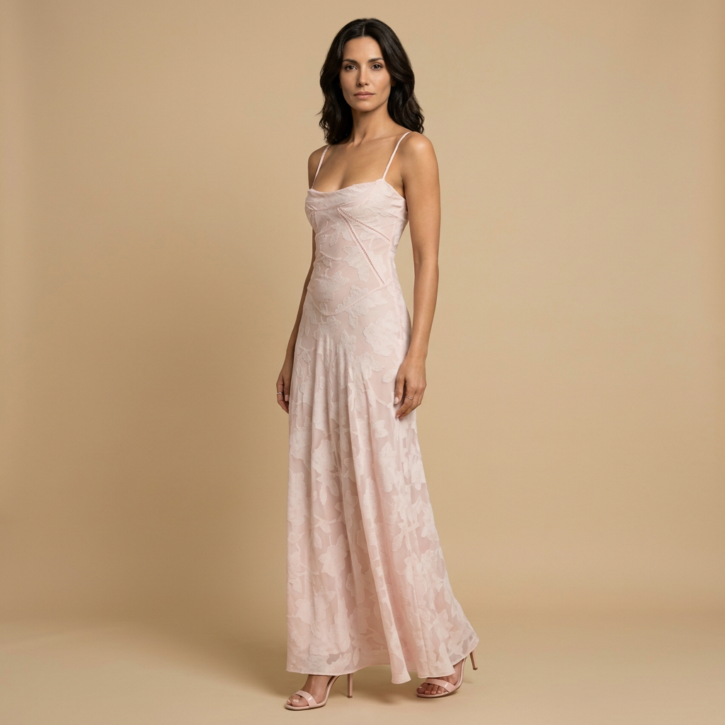 Vestido Largo Mujer de Tul con Apliques Florales y Tirantes