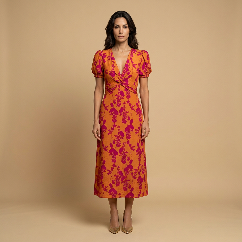Vestido Midi Mujer con Nudo Frontal y Estampado Floral