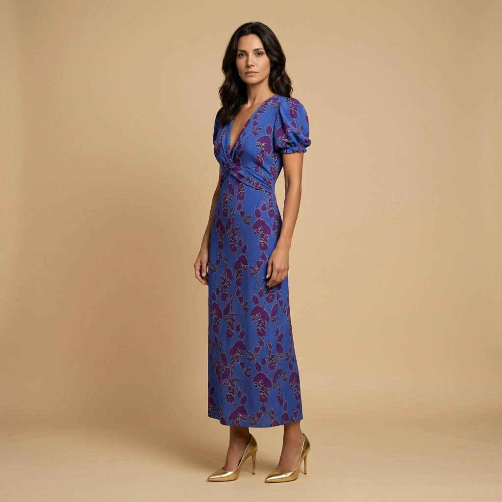 Vestido Midi Mujer con Nudo Frontal y Estampado Floral