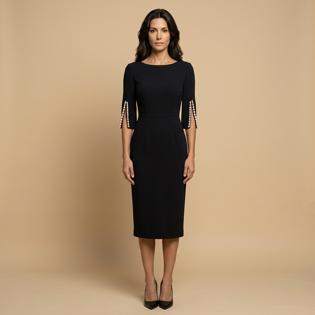 Vestido Midi Mujer Manga Tulipán Perlas Ajustado - Mavetta