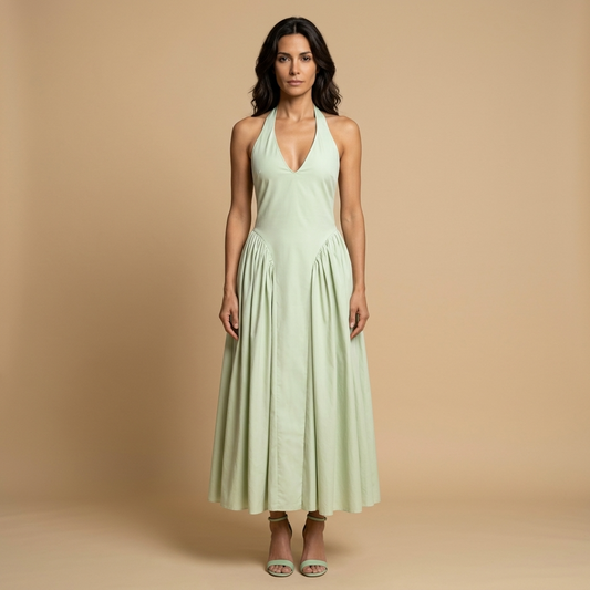Vestido Midi Mujer Escote Halter Falda Godets - Mavetta