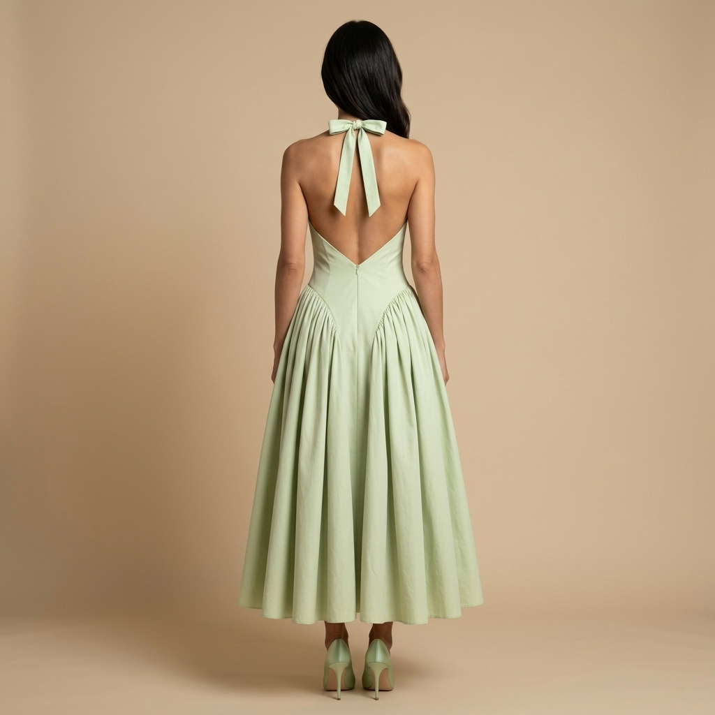 Vestido Midi Mujer Escote Halter Falda Godets