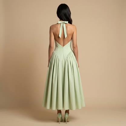 Vestido Midi Mujer Escote Halter Falda Godets