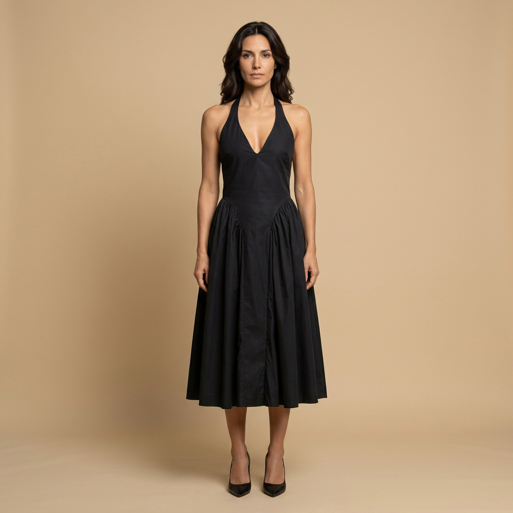 Vestido Midi Mujer Escote Halter Falda Godets