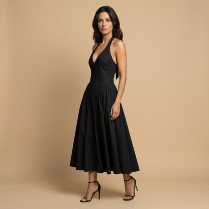 Vestido Midi Mujer Escote Halter Falda Godets
