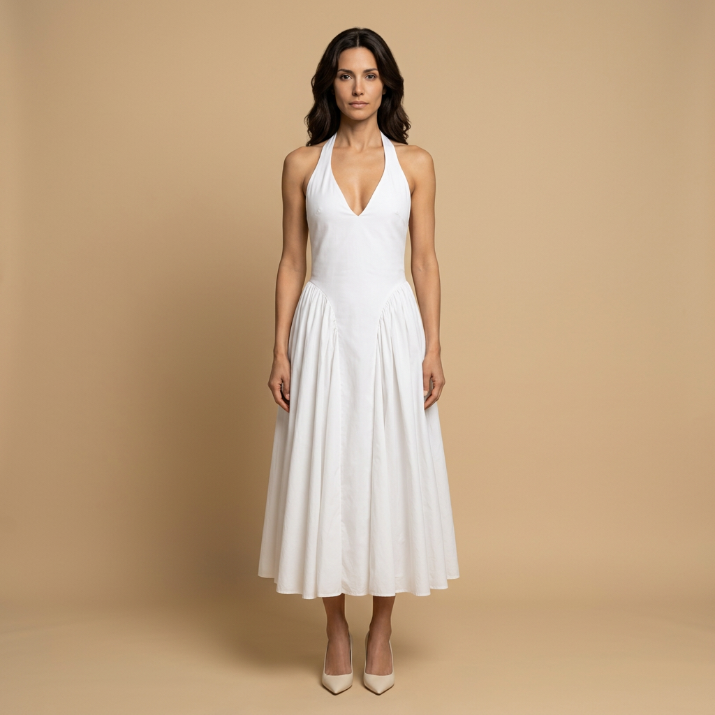Vestido Midi Mujer Escote Halter Falda Godets