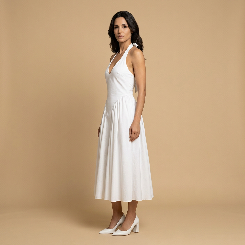 Vestido Midi Mujer Escote Halter Falda Godets