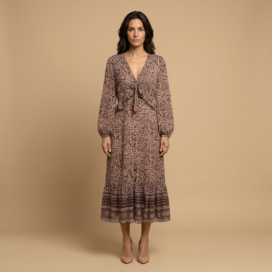 Vestido Midi Mujer Estampado Paisley Manga Bishop Lazo - Mavetta