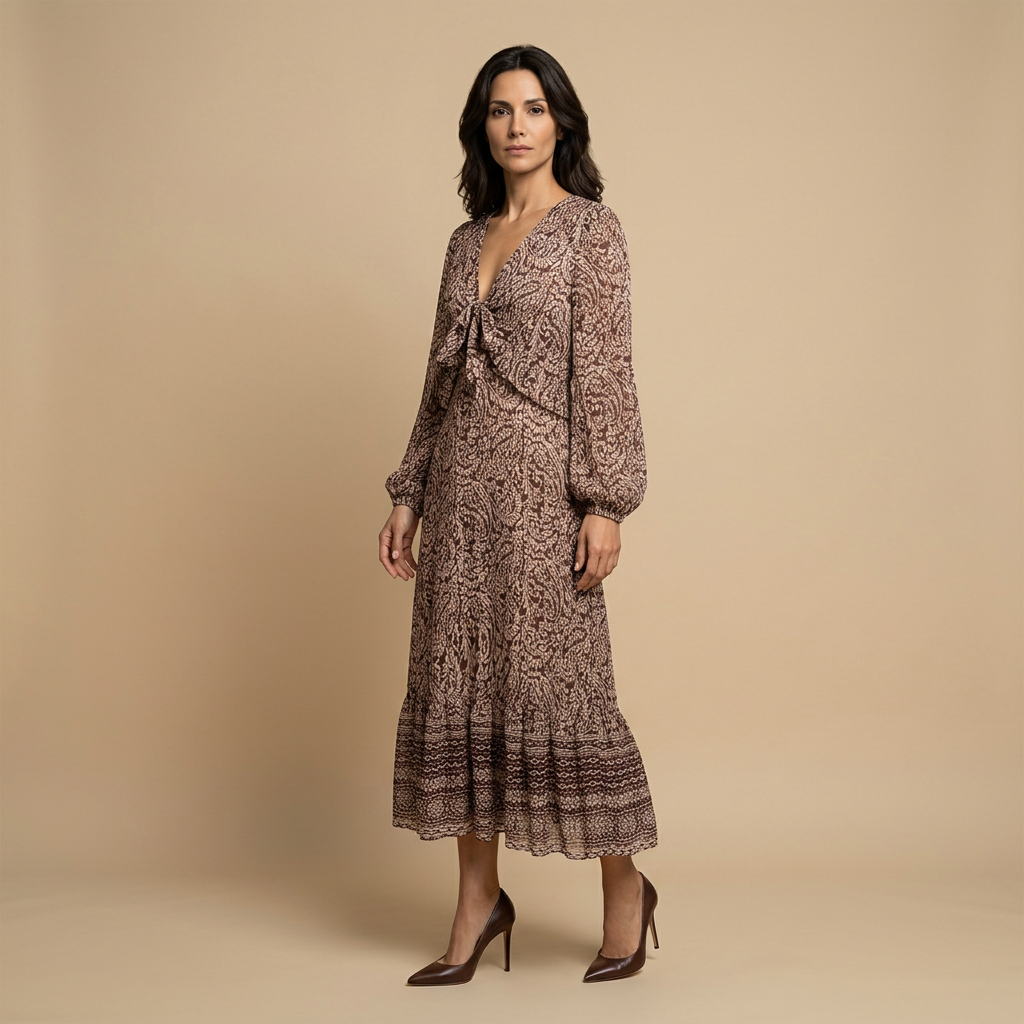 Vestido Midi Mujer Estampado Paisley Manga Bishop Lazo