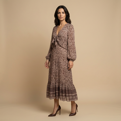 Vestido Midi Mujer Estampado Paisley Manga Bishop Lazo