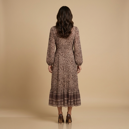 Vestido Midi Mujer Estampado Paisley Manga Bishop Lazo