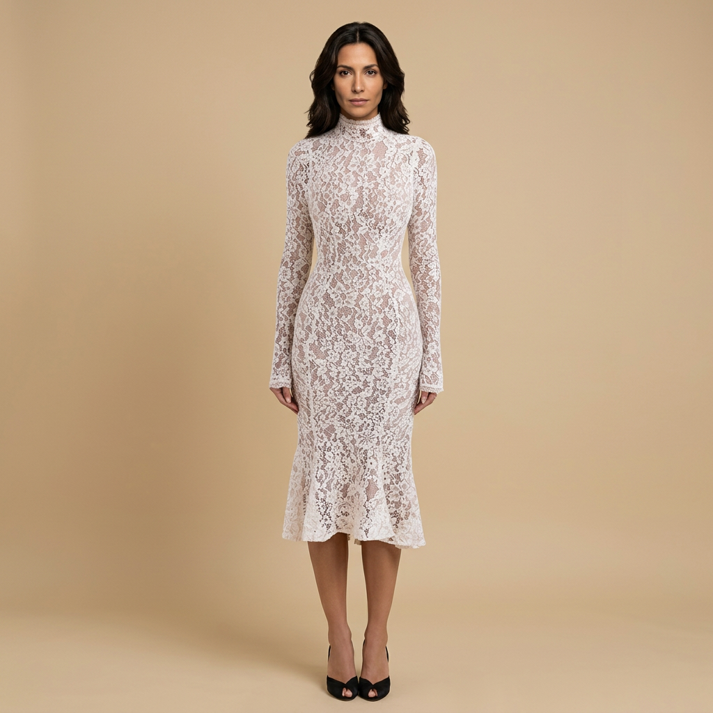 Vestido Midi Mujer de Encaje Cuello Alto Ajuste Sirena - Mavetta