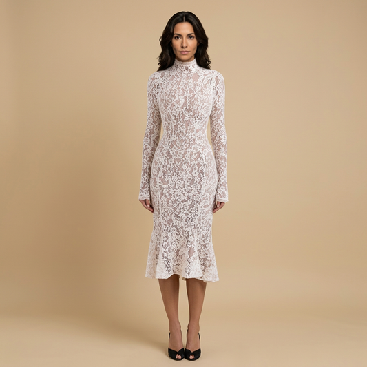 Vestido Midi Mujer de Encaje Cuello Alto Ajuste Sirena - Mavetta