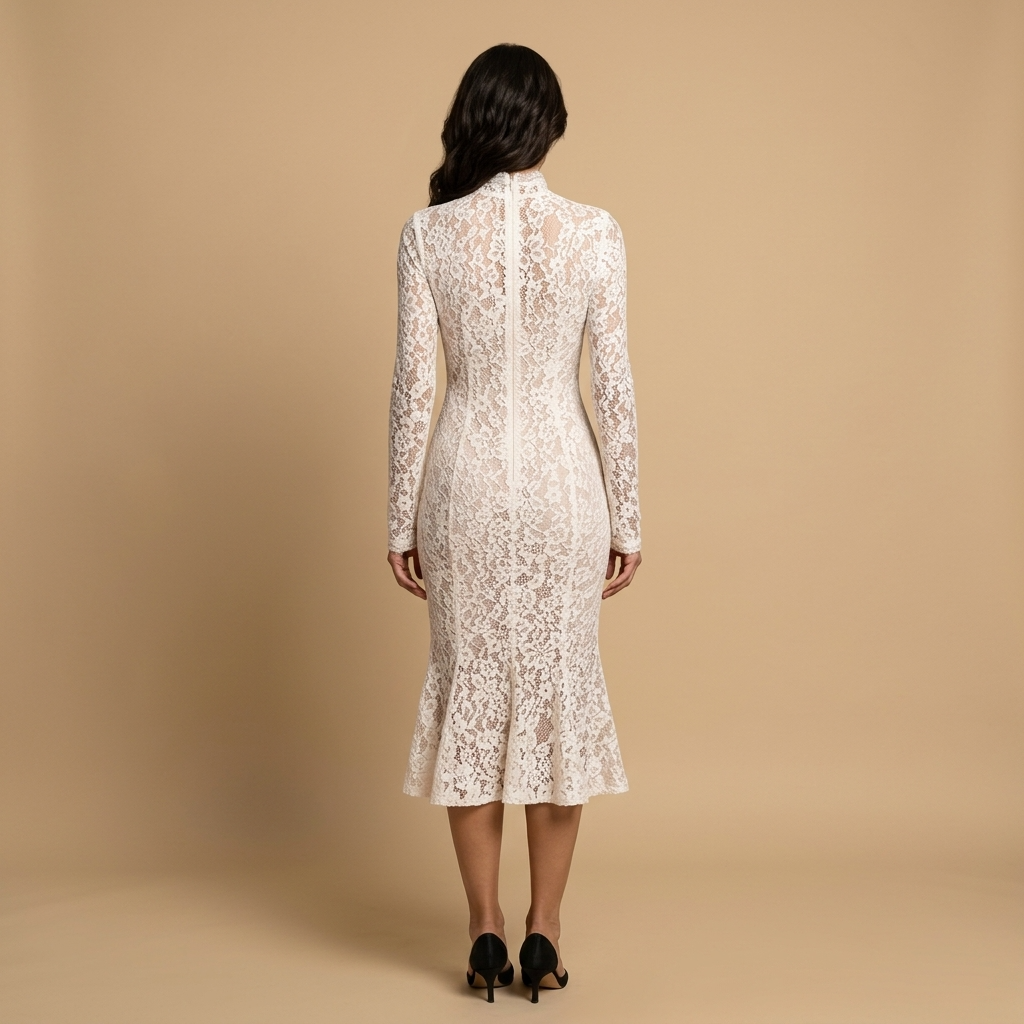 Vestido Midi Mujer de Encaje Cuello Alto Ajuste Sirena