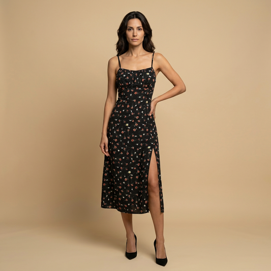 Vestido Midi Mujer de Lunares Tirantes Finos Abertura - Mavetta