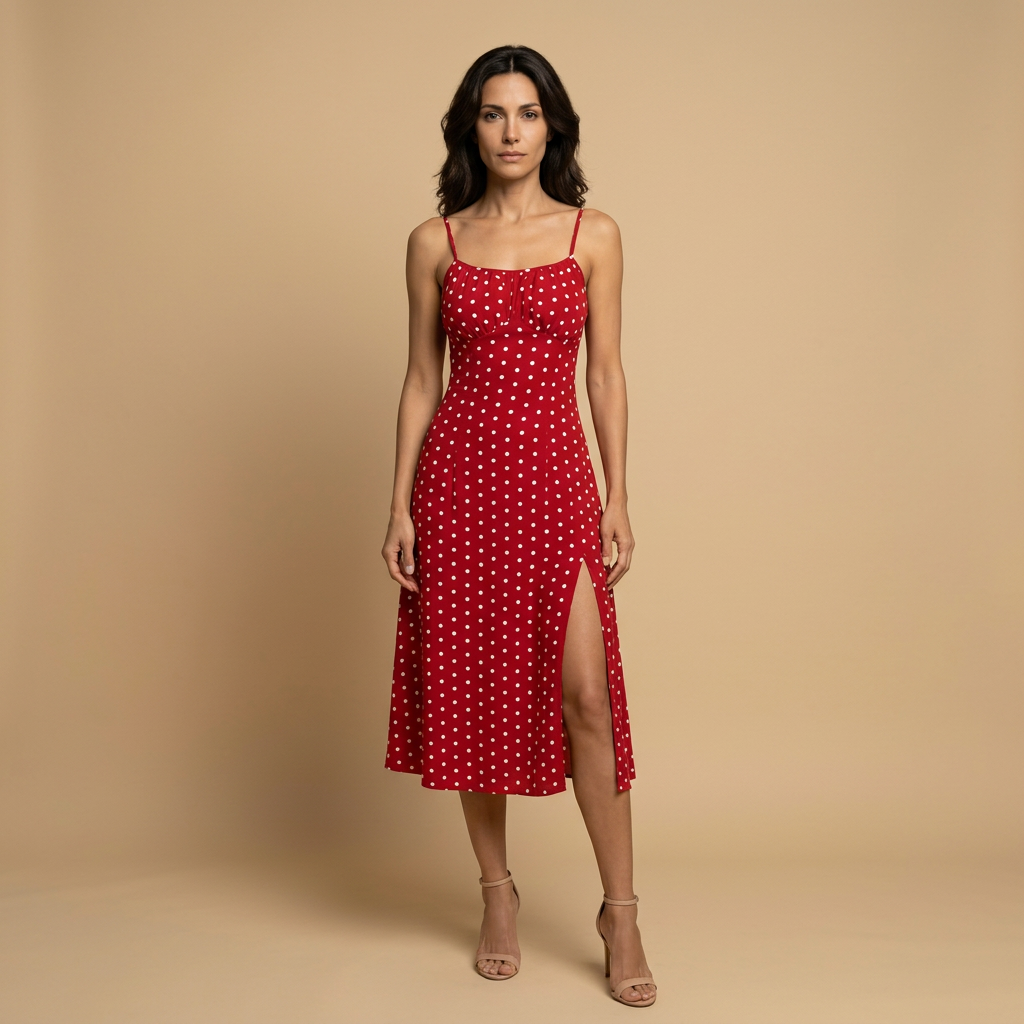 Vestido Midi Mujer de Lunares Tirantes Finos Abertura