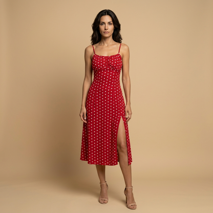 Vestido Midi Mujer de Lunares Tirantes Finos Abertura