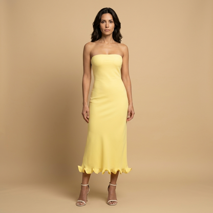Vestido Midi Mujer Strapless Ajustado con Volante en Bajo - Mavetta