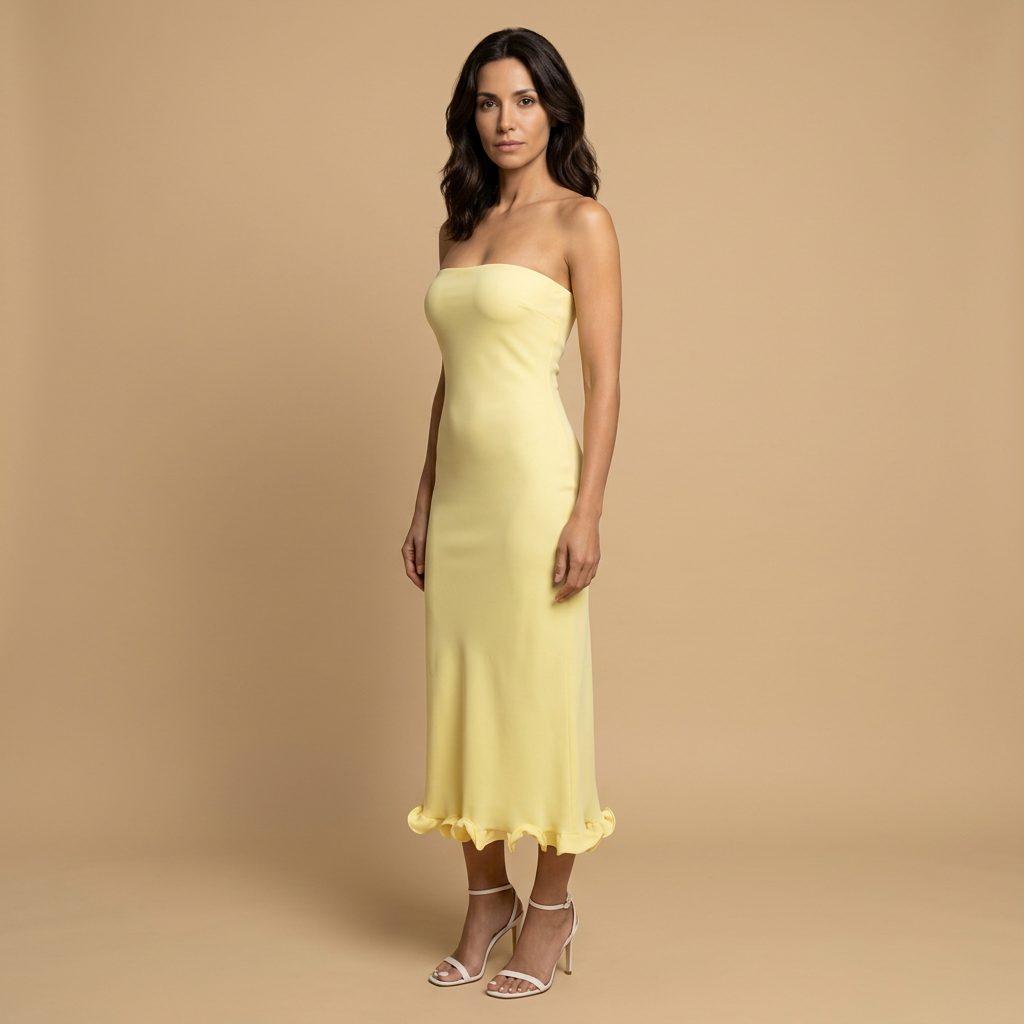 Vestido Midi Mujer Strapless Ajustado con Volante en Bajo