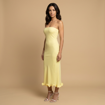 Vestido Midi Mujer Strapless Ajustado con Volante en Bajo