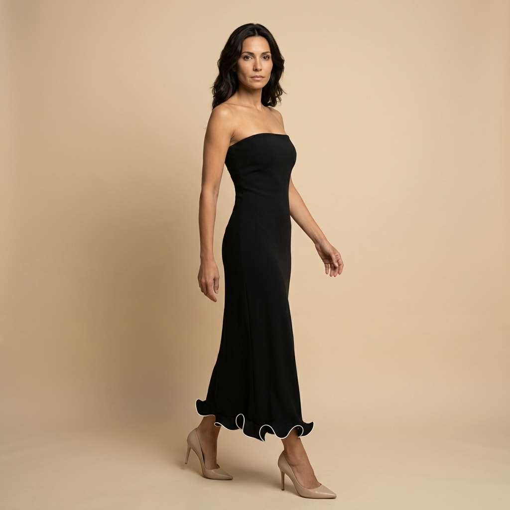 Vestido Midi Mujer Strapless Ajustado con Volante en Bajo