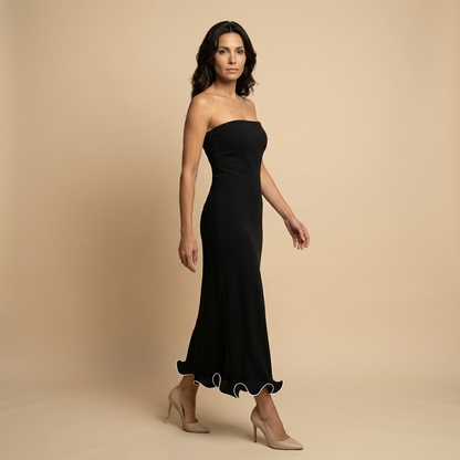 Vestido Midi Mujer Strapless Ajustado con Volante en Bajo