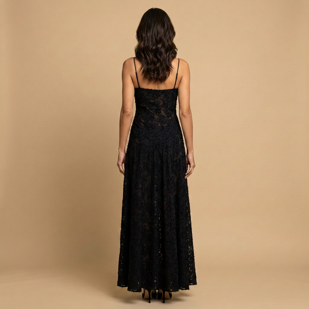 Vestido Largo Mujer de Tul con Apliques Florales y Tirantes