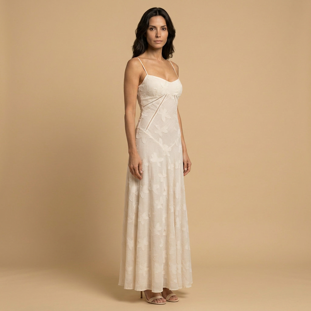 Vestido Largo Mujer de Tul con Apliques Florales y Tirantes