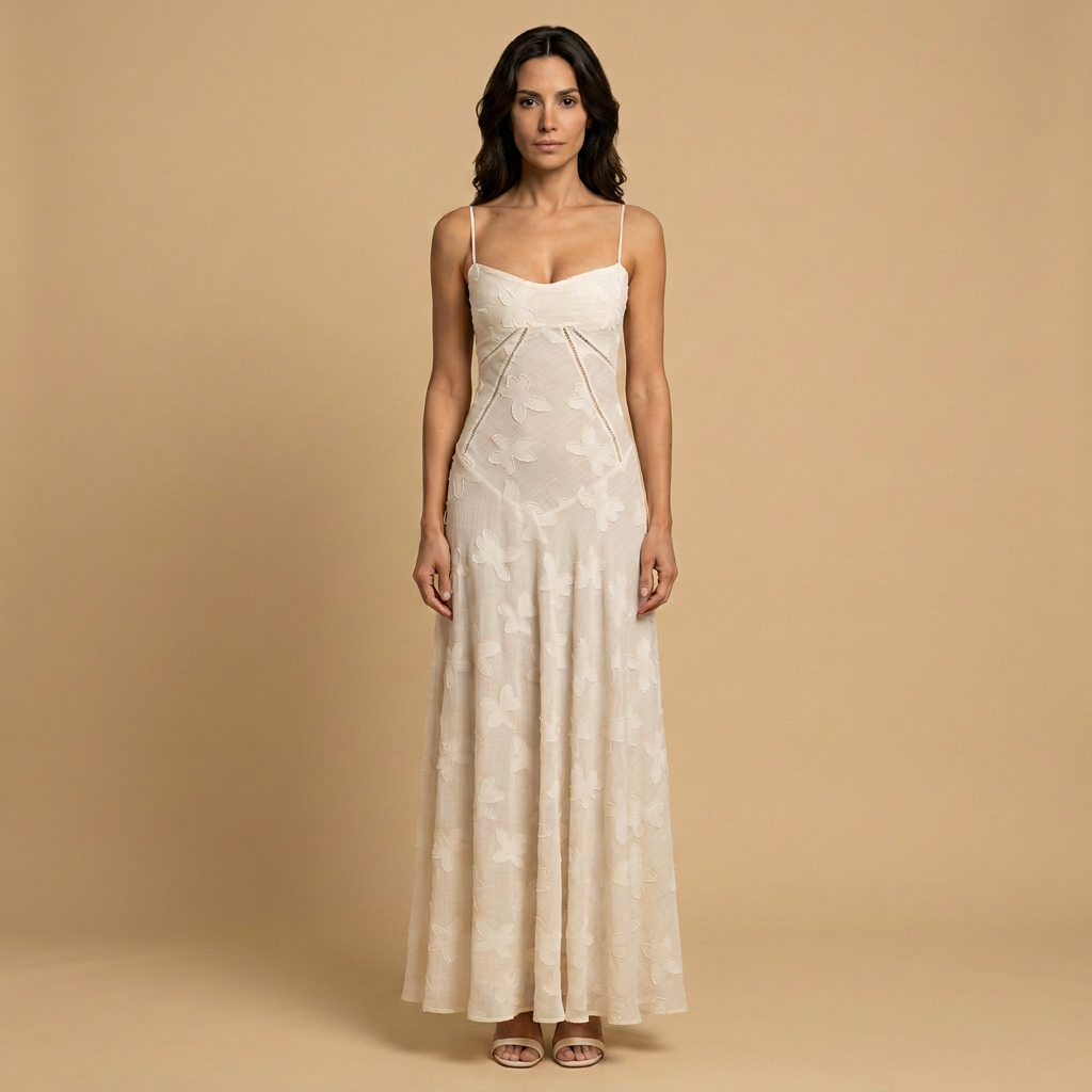 Vestido Largo Mujer de Tul con Apliques Florales y Tirantes
