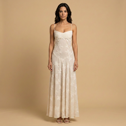 Vestido Largo Mujer de Tul con Apliques Florales y Tirantes