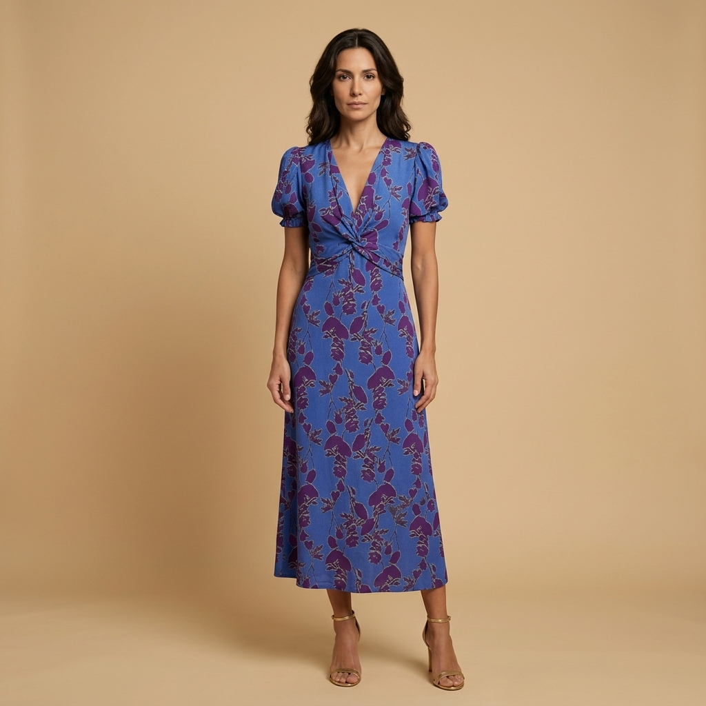 Vestido Midi Mujer con Nudo Frontal y Estampado Floral