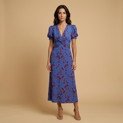Vestido Midi Mujer con Nudo Frontal y Estampado Floral