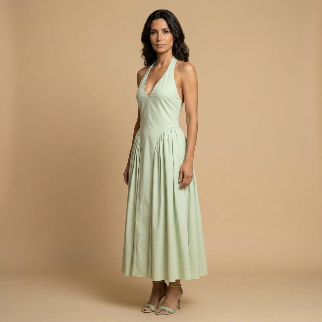 Vestido Midi Mujer Escote Halter Falda Godets