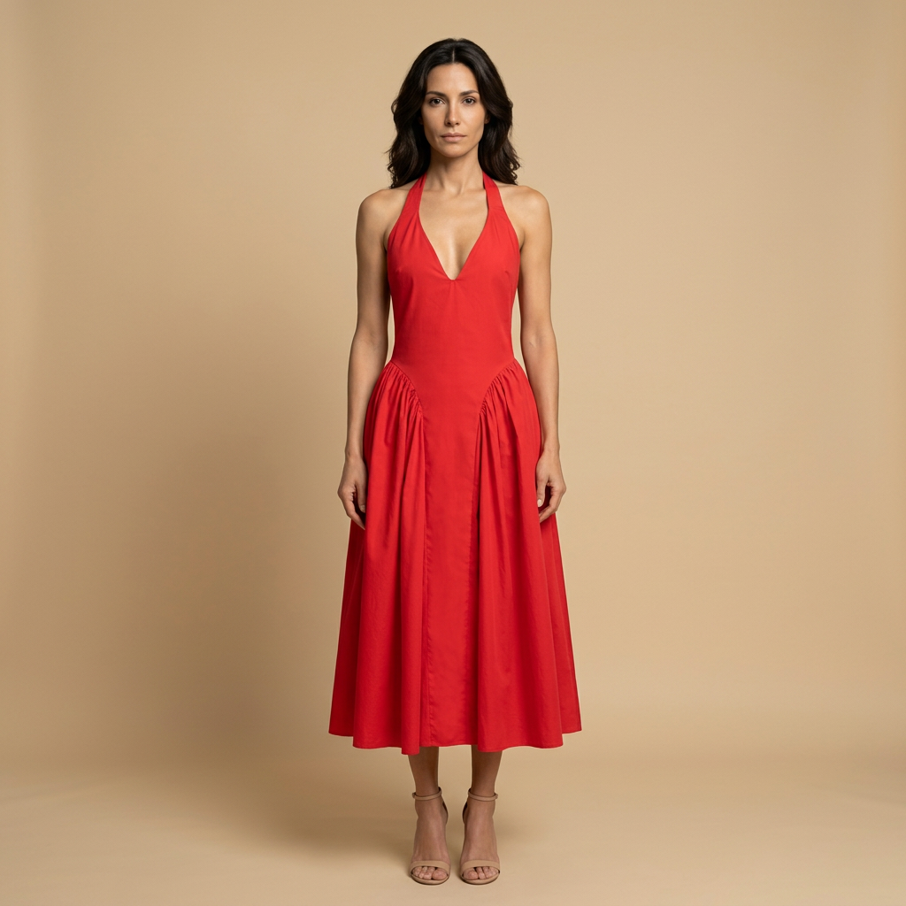 Vestido Midi Mujer Escote Halter Falda Godets