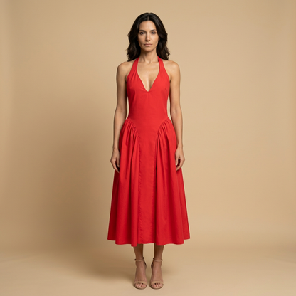 Vestido Midi Mujer Escote Halter Falda Godets