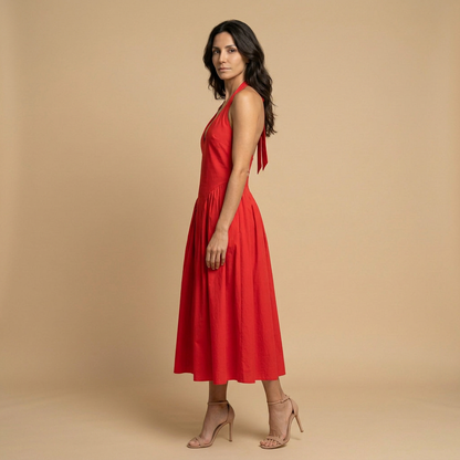 Vestido Midi Mujer Escote Halter Falda Godets