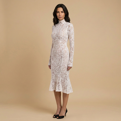 Vestido Midi Mujer de Encaje Cuello Alto Ajuste Sirena