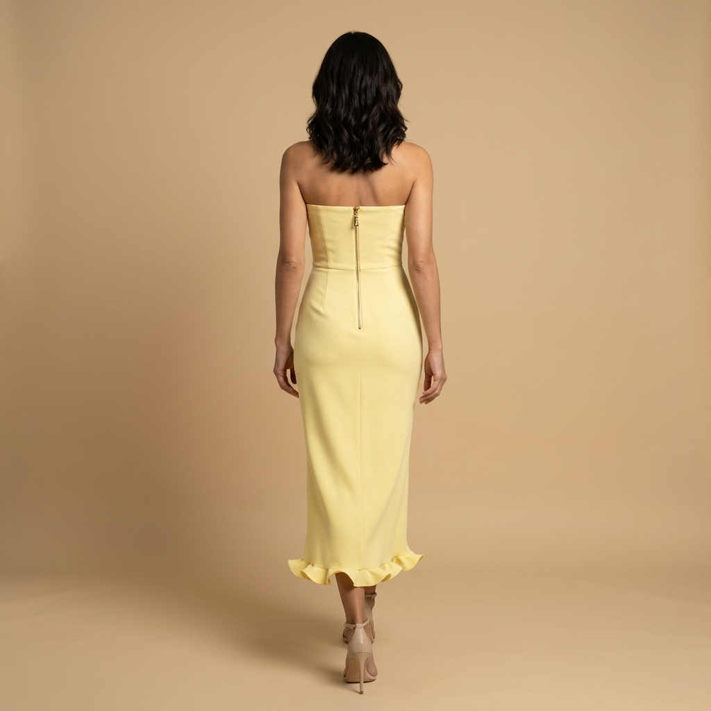 Vestido Midi Mujer Strapless Ajustado con Volante en Bajo
