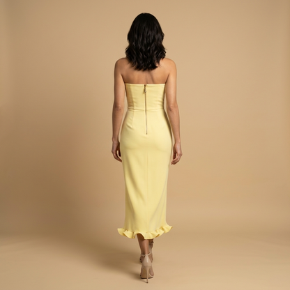 Vestido Midi Mujer Strapless Ajustado con Volante en Bajo