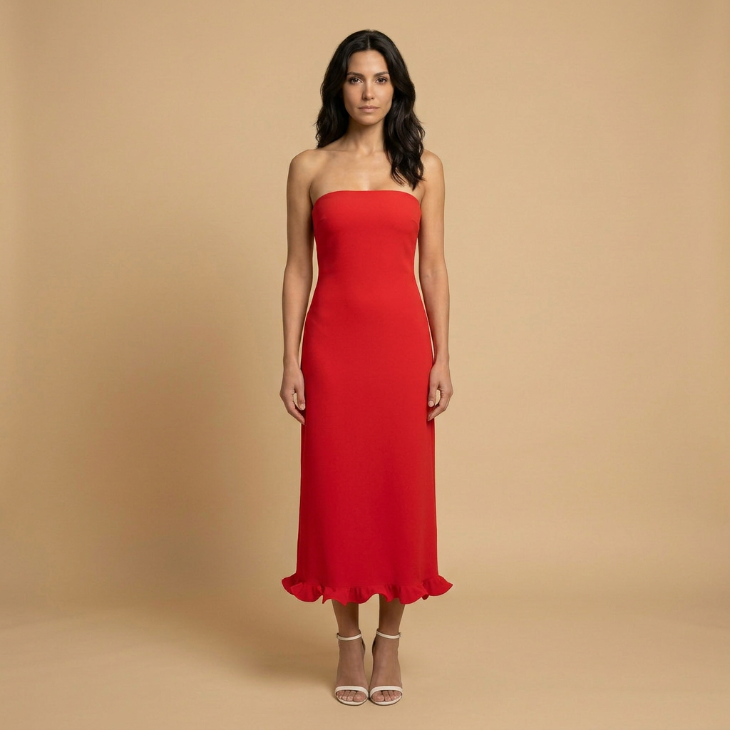 Vestido Midi Mujer Strapless Ajustado con Volante en Bajo